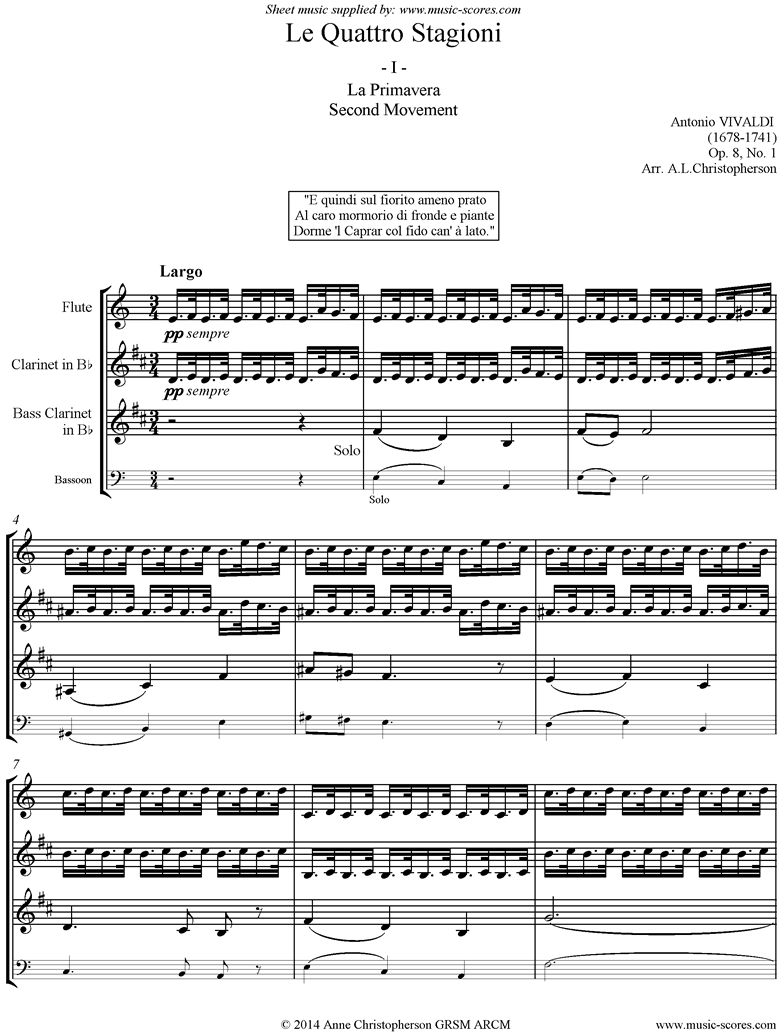 Front page of Op.8 No.1: The Four Seasons: Spring: 2nd mt Flute, Clarinet, Bass Clarinet sheet music