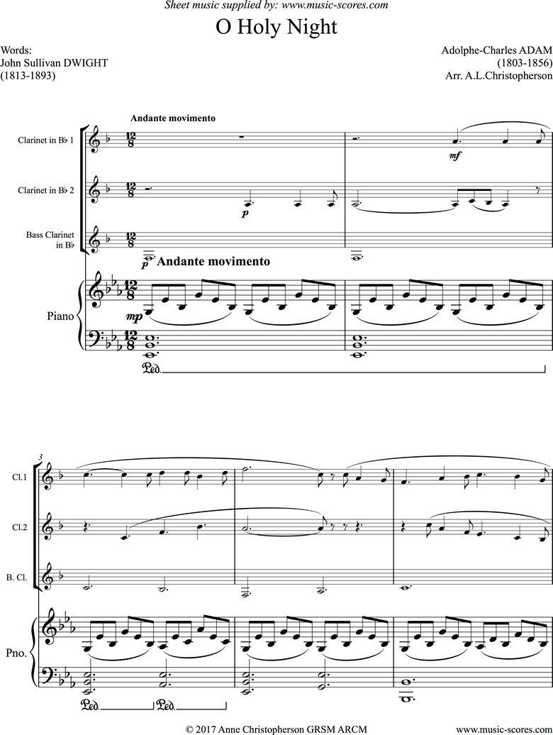 Front page of O Holy Night, or Cantique de Noel. 2 Clarinets, Bass Clarinet, Piano sheet music