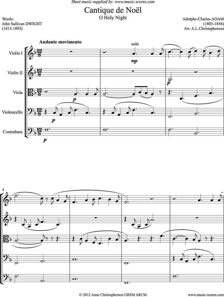 Front page of O Holy Night, or Cantique de Noel. 2 Violins, Viola, Cello, Double Bass sheet music