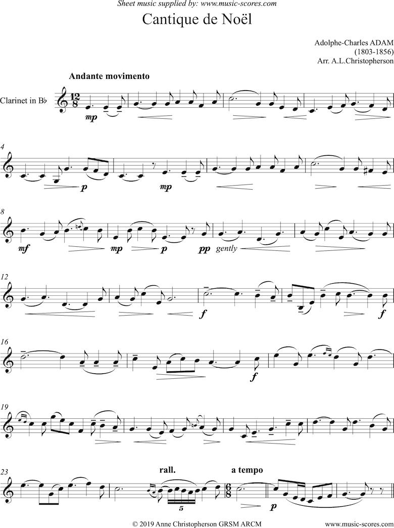 Front page of O Holy Night, or Cantique de Noel. Solo Clarinet sheet music