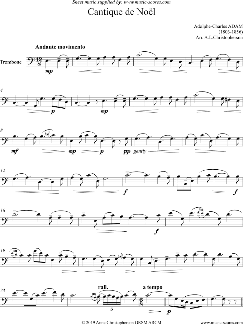 Front page of O Holy Night, or Cantique de Noel. Solo Trombone sheet music
