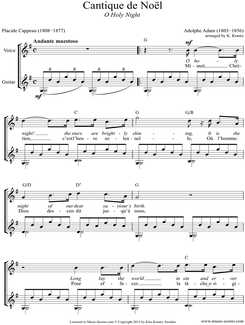 Front page of O Holy Night, or Cantique de Noel. Voice, Guitar, G ma sheet music