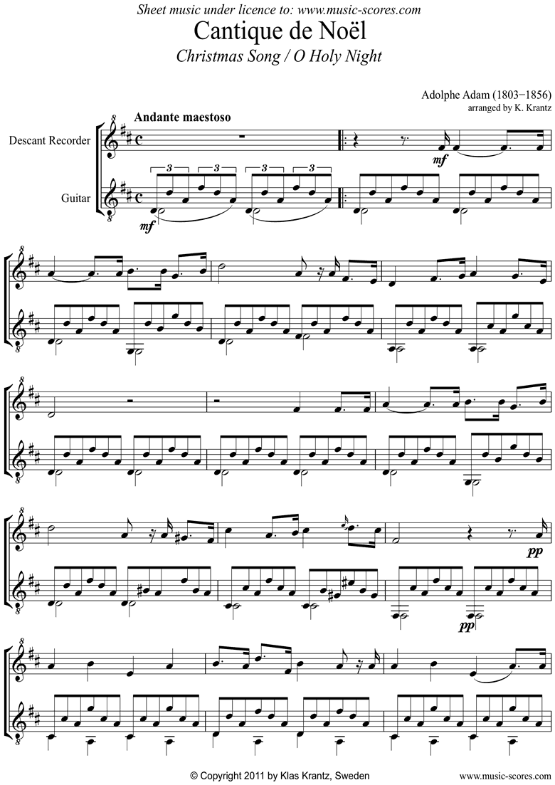 Front page of O Holy Night, or Cantique de Noel. Recorder, Guitar sheet music
