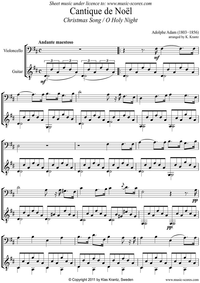 Front page of O Holy Night, or Cantique de Noel. Cello, Guitar sheet music