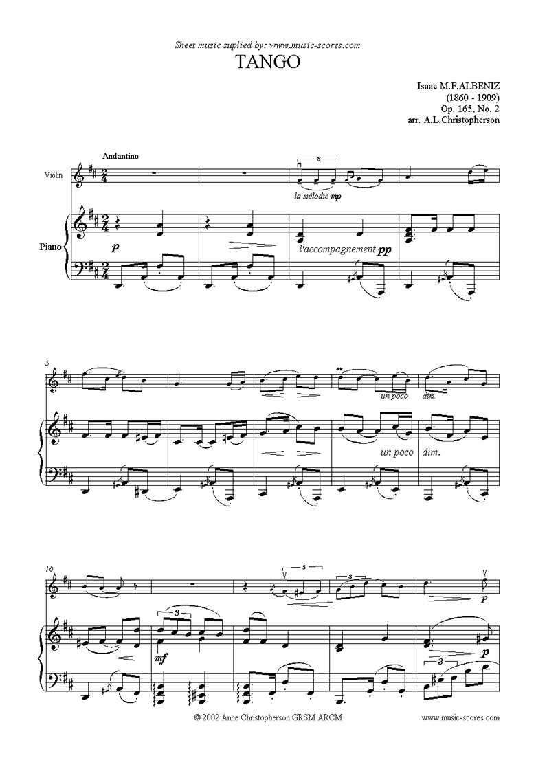 Front page of Tango: Op.165, No.2: Violin sheet music
