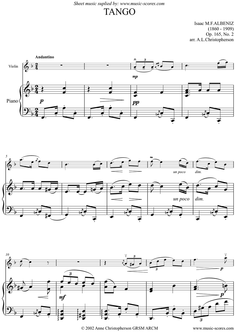Front page of Op.165, No.2: Tango: Violin, Fma sheet music