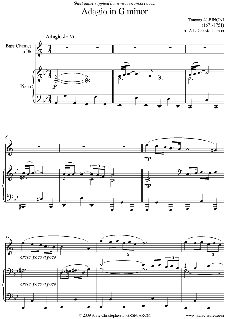 Front page of Adagio theme for Bass Clarinet and Piano. sheet music