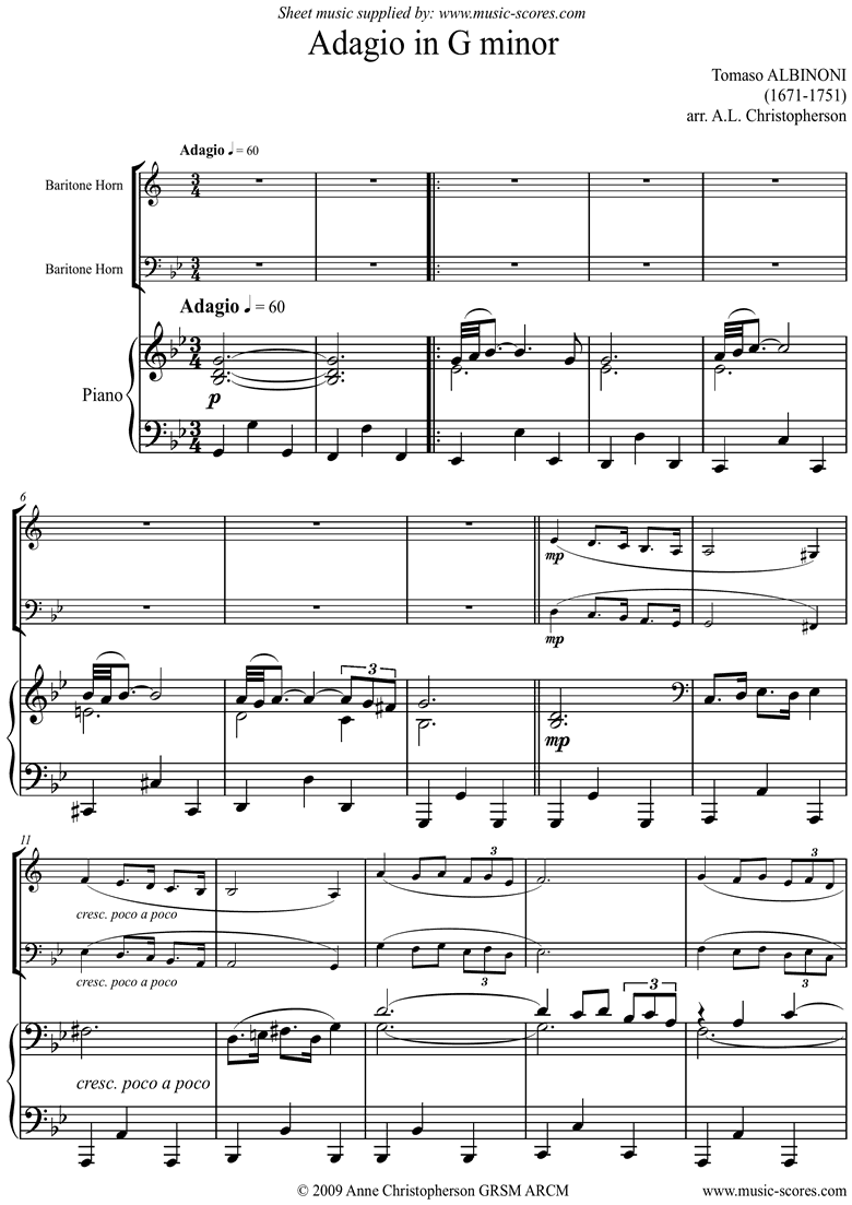 Adagio theme for Baritone Horn and Piano. Low. by Albinoni