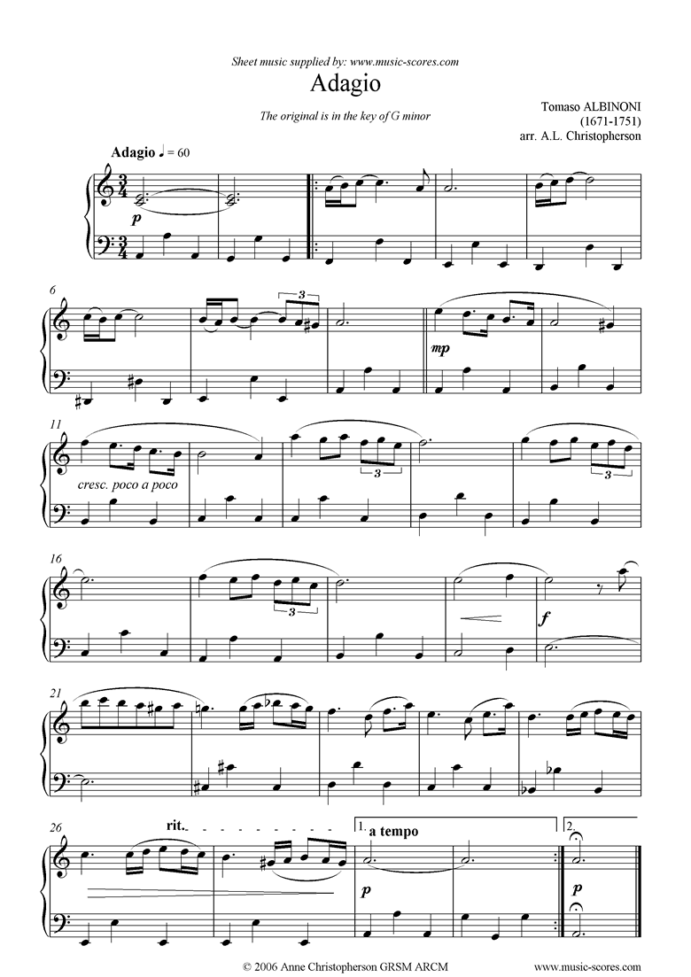 Adagio theme for easy piano. by Albinoni