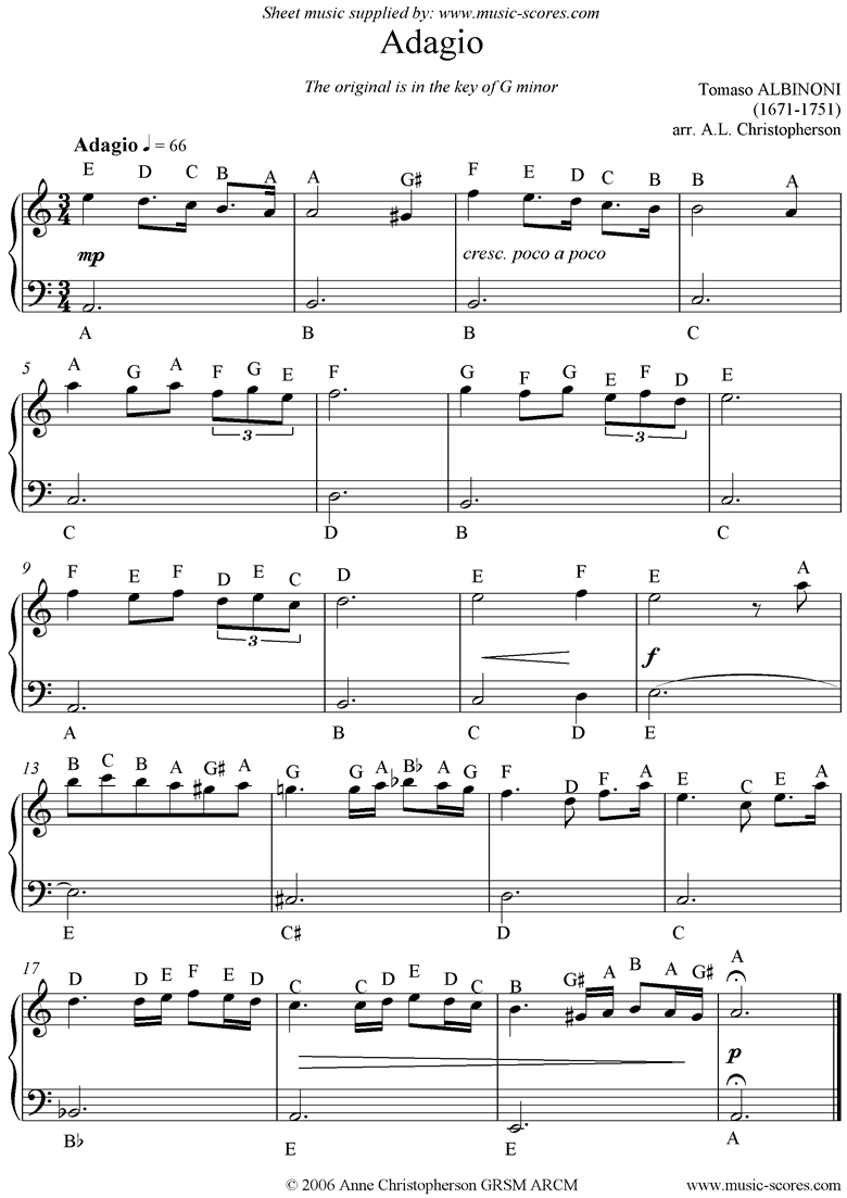 Front page of Adagio theme for easy piano with note names. sheet music