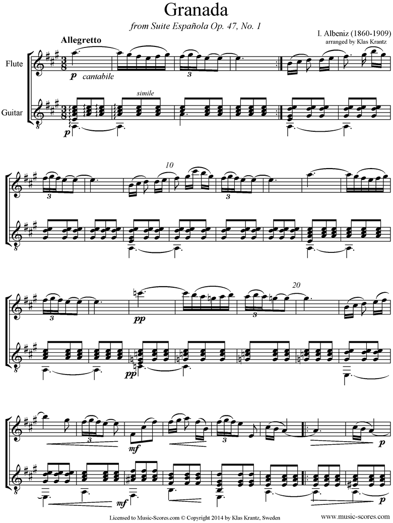 Front page of Op.47, No.1 Grenada: Flute, Guitar sheet music