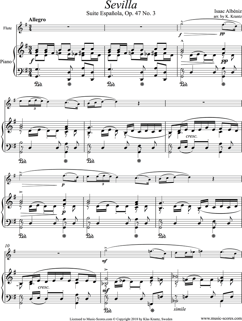 Front page of Op.47, No.3 Sevilla: Flute, Piano sheet music