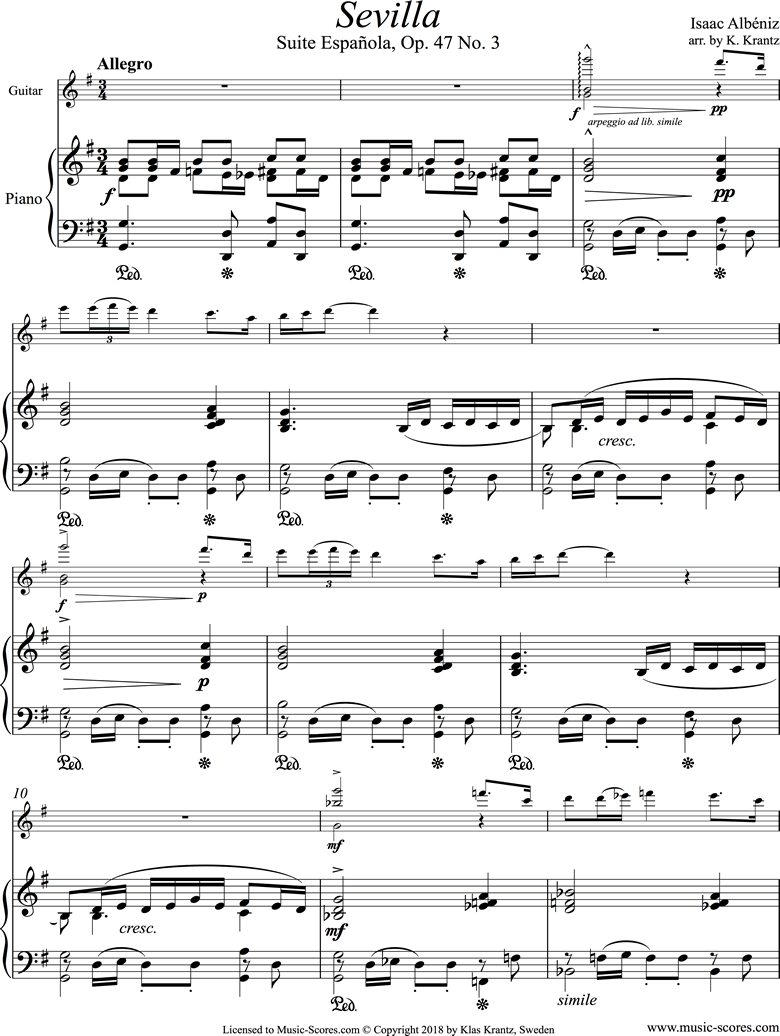 Front page of Op.47, No.3 Sevilla: Guitar, Piano sheet music