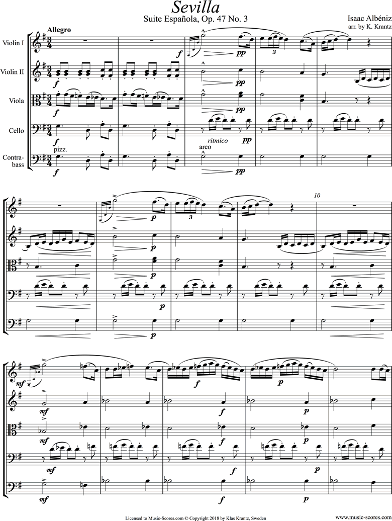 Front page of Op.47, No.3 Sevilla: String Quintet sheet music