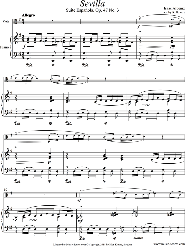 Front page of Op.47, No.3 Sevilla: Viola, Piano sheet music