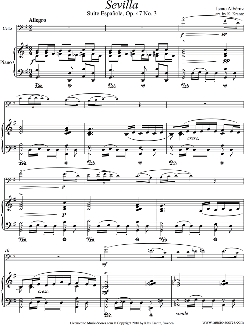 Front page of Op.47, No.3 Sevilla: Cello, Piano sheet music