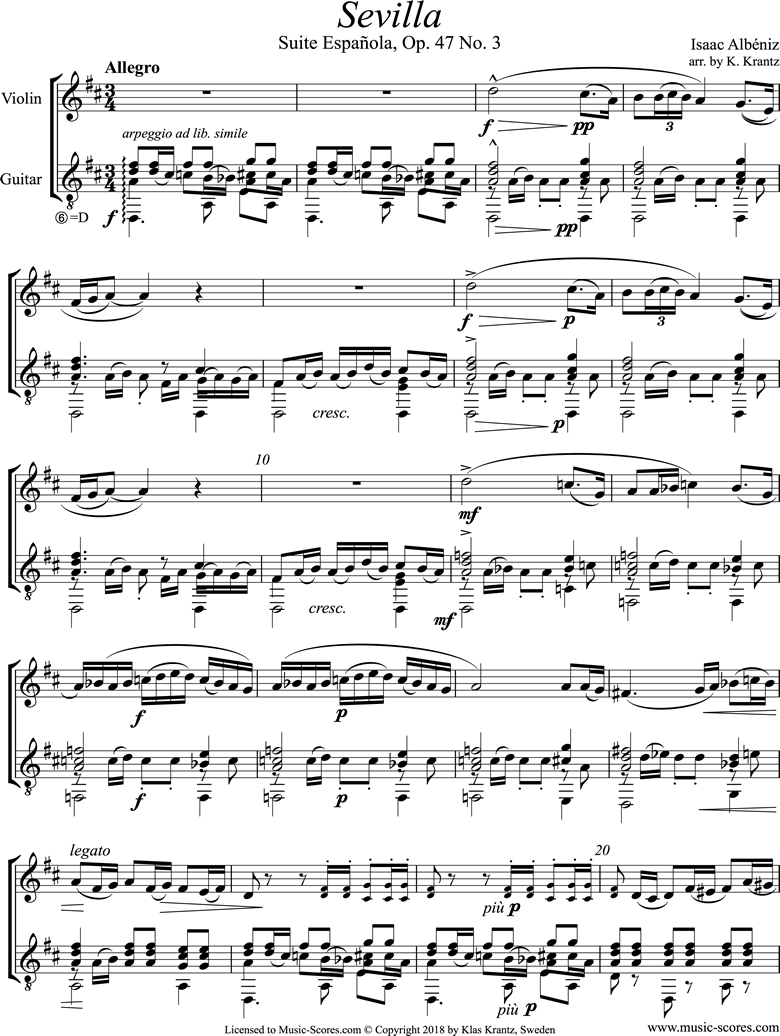 Front page of Op.47, No.3 Sevilla: Violin, Guitar sheet music