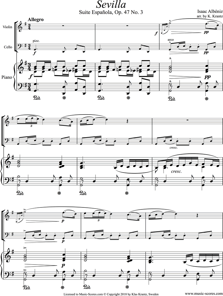 Front page of Op.47, No.3 Sevilla: Violin, Cello, Piano sheet music