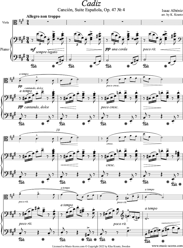 Front page of Op.47, No.4 Cadiz: A major: Viola, Piano sheet music