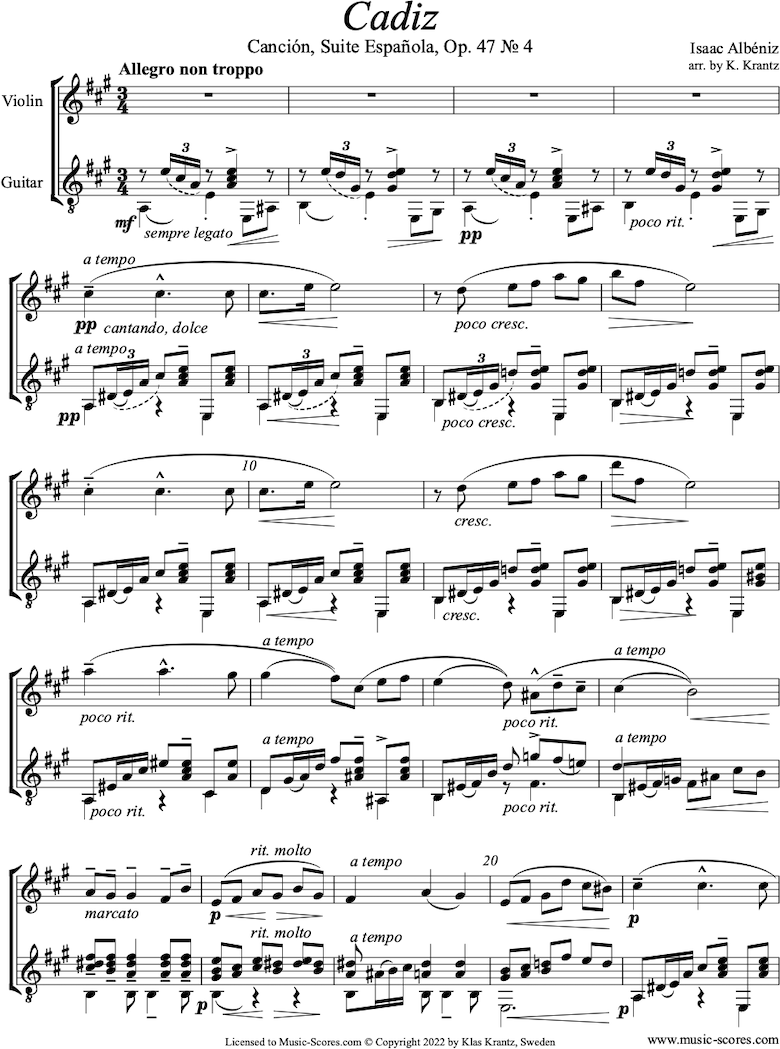Front page of Op.47, No.4 Cadiz: A major: Violin, Guitar sheet music