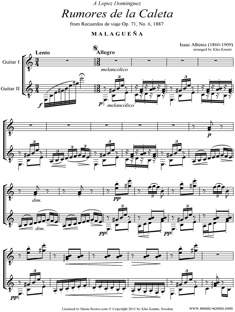 Front page of Malaguena: Op.71, No.6: 2 Guitars sheet music