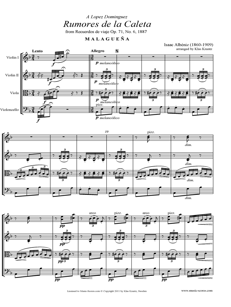 Malaguena: Op.71, No.6: String Quartet by Albeniz