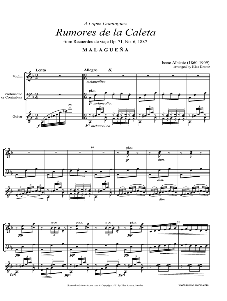 Front page of Malaguena: Op.71, No.6: Violin, Cello, Guitar sheet music