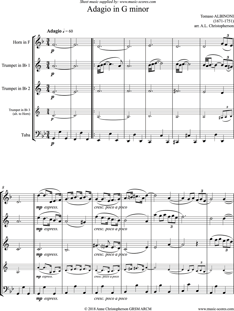 Front page of Adagio in G minor theme for Brass Quartet sheet music