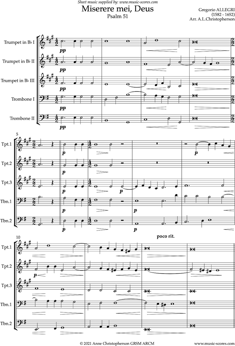 Front page of Miserere mei, Deus: Brass quintet sheet music