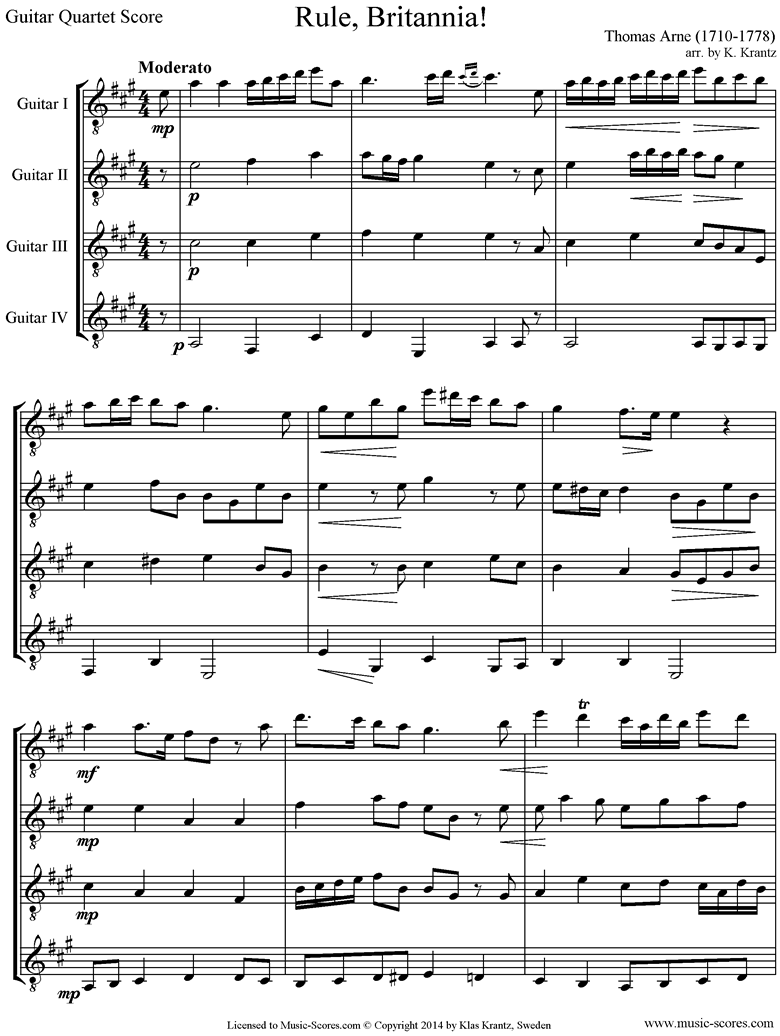 Front page of Rule Britannia: 4 Guitars sheet music