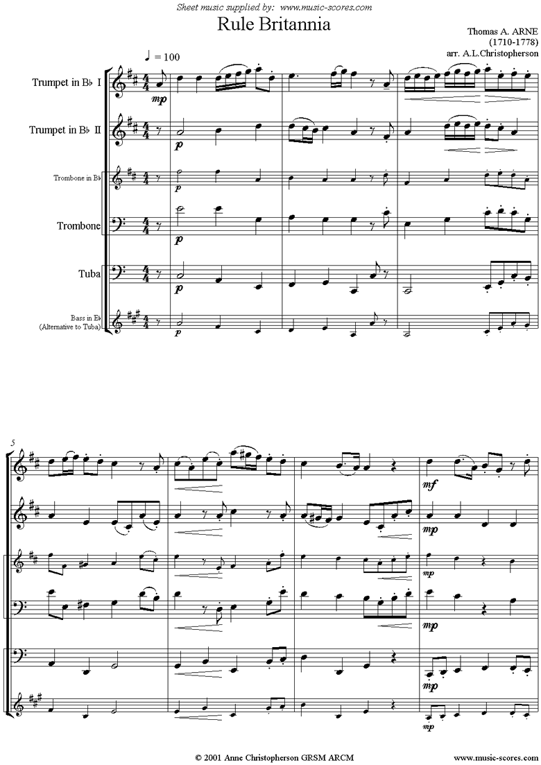 Front page of Rule Britannia: Brass Quartet: 2 Tpts, Tbn, Tba sheet music