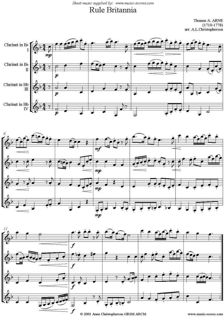 Front page of Rule Britannia: 4 Bb Clarinets sheet music