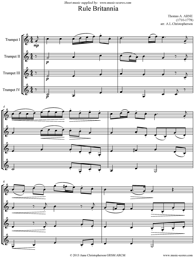 Front page of Rule Britannia: 4 Trumpets sheet music