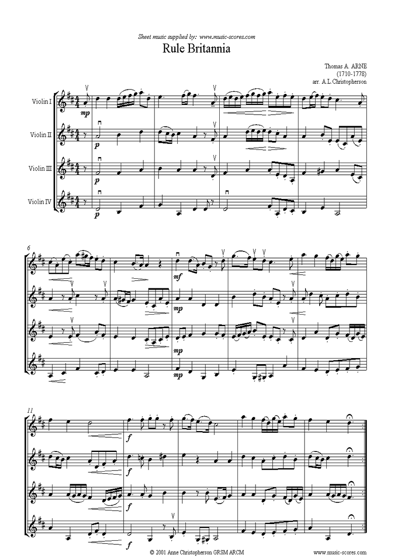 Front page of Rule Britannia: 4 Violins sheet music