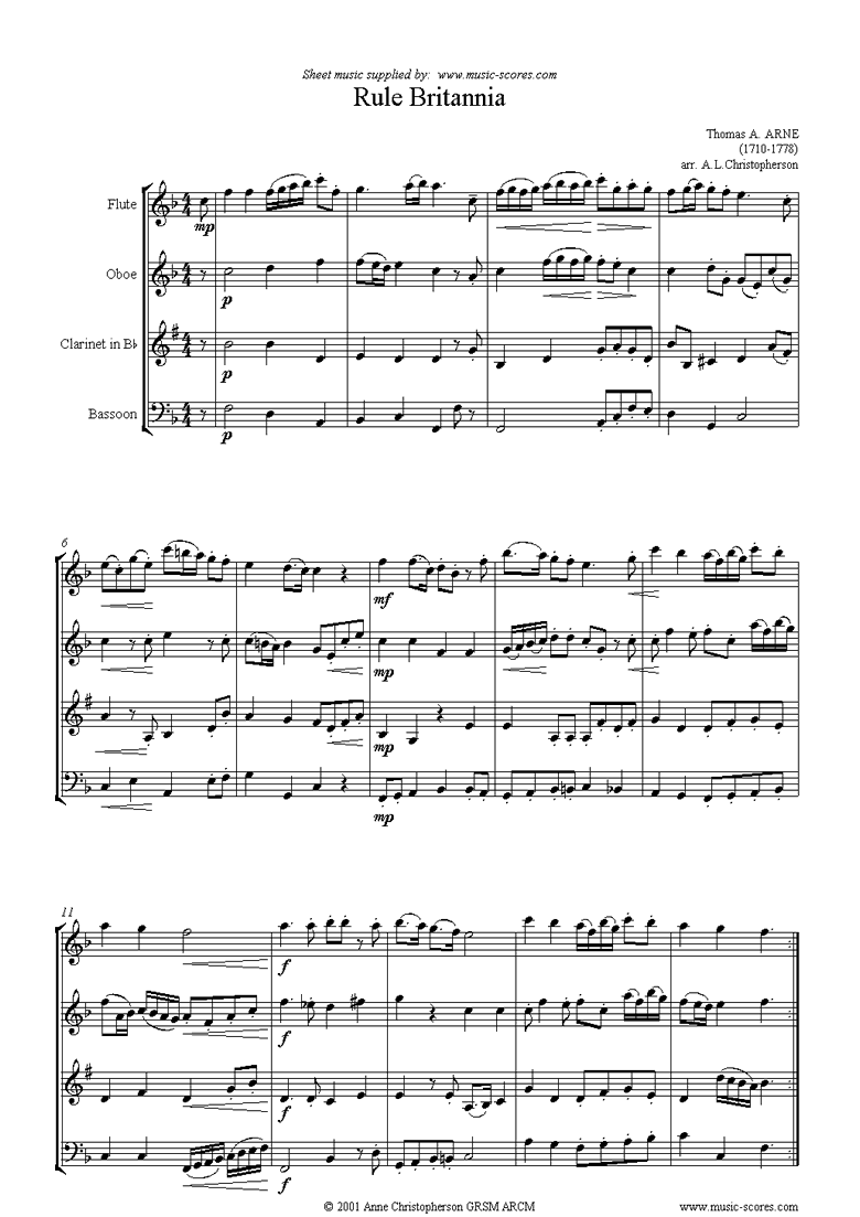 Front page of Rule Britannia: Flute, Oboe, Clarinet, Bassoon sheet music