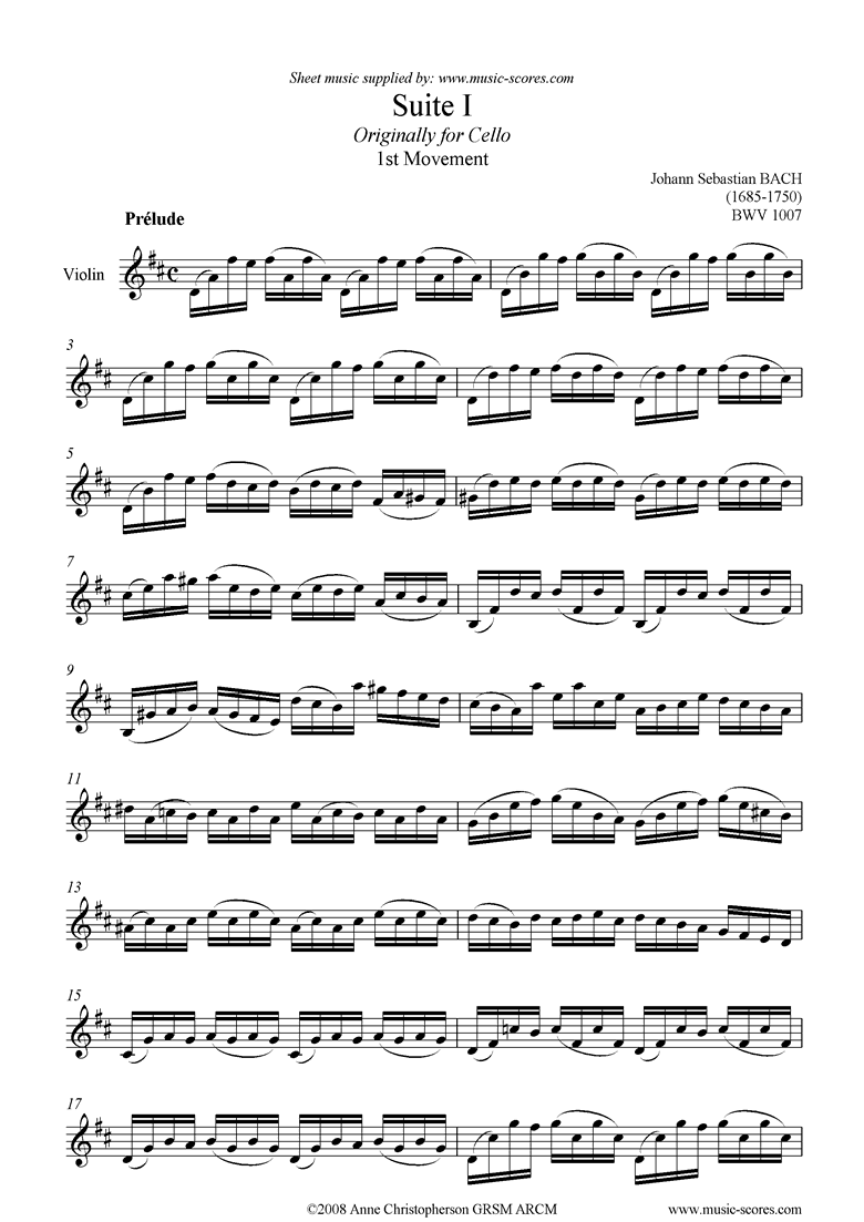 Front page of bwv 1007 Suite No.1: 1st mt: Prelude: Violin sheet music