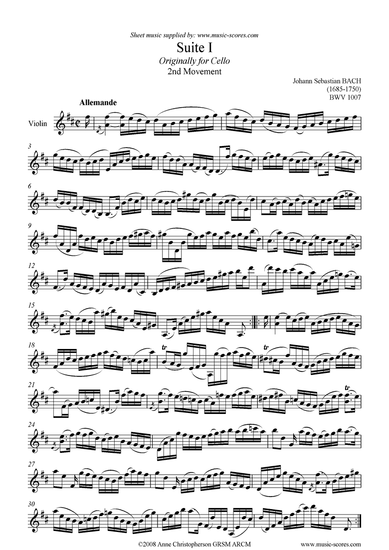 Front page of bwv 1007 Suite No.1: 2nd mt: Allemande: Violin sheet music