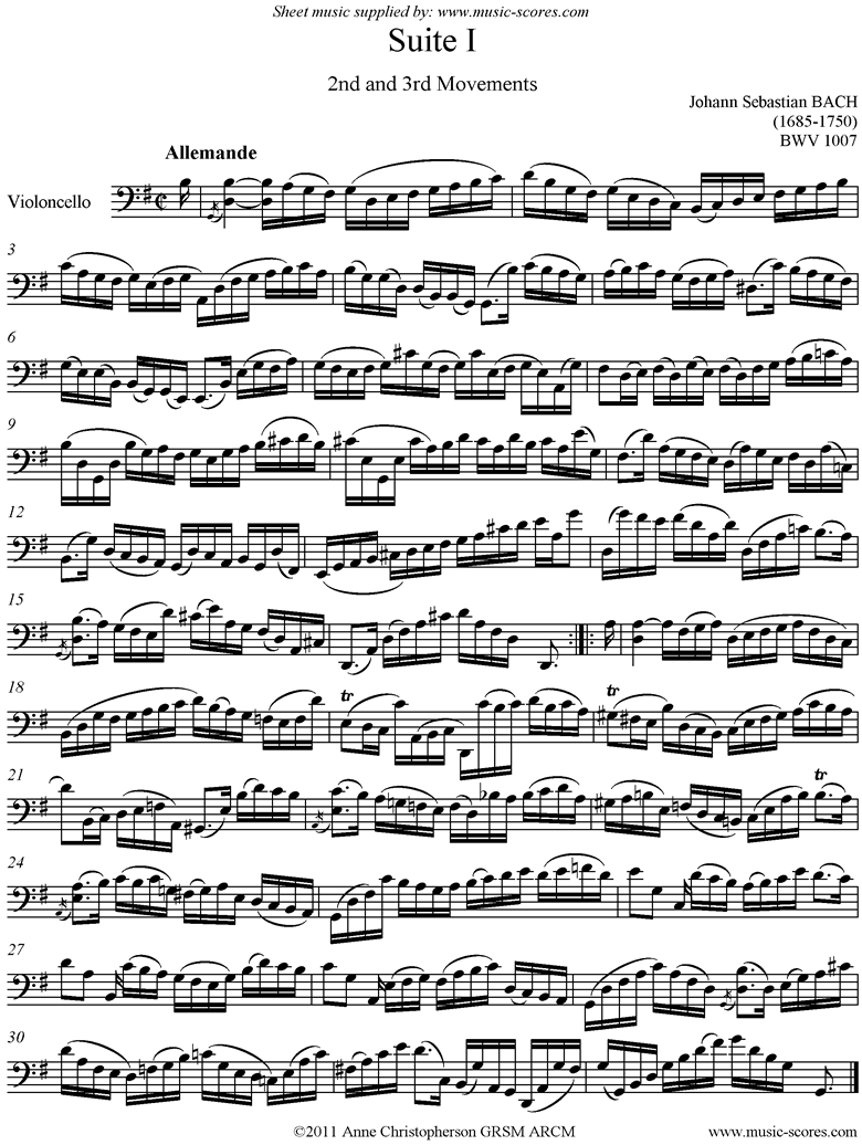 Front page of bwv 1007 Cello Suite No.1: 2nd and 3rd mvts: Allemande, Courante sheet music