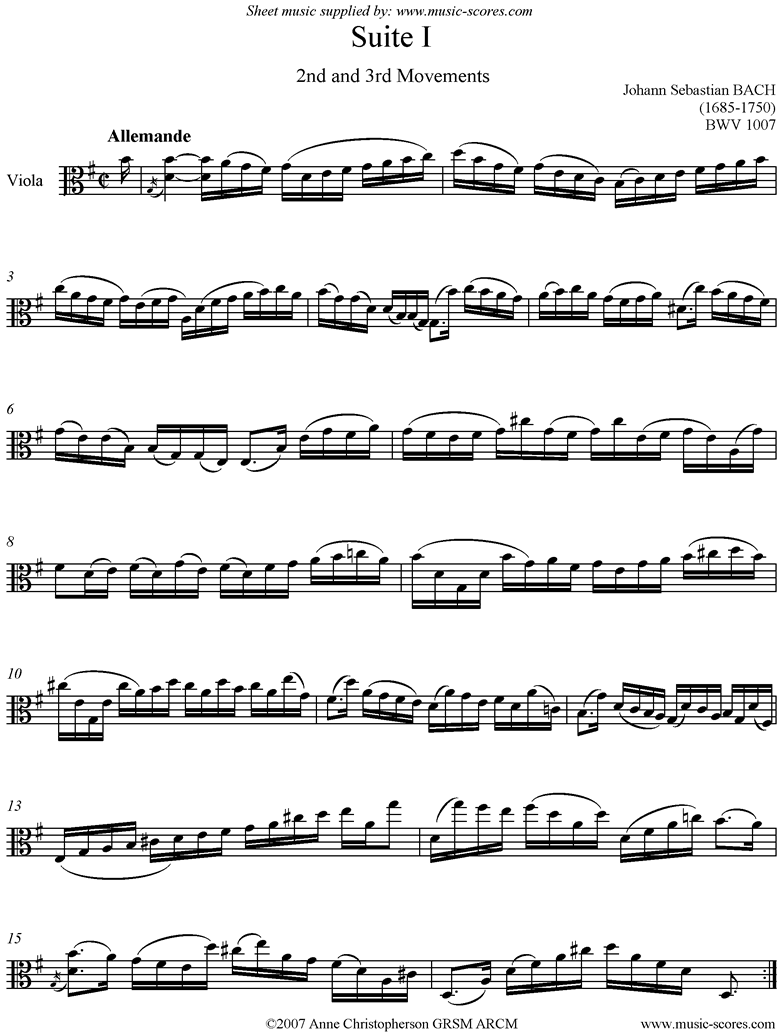 Front page of bwv 1007 Cello Suite No.1: 2nd and 3rd mvts: Allemande, Courante: Viola sheet music