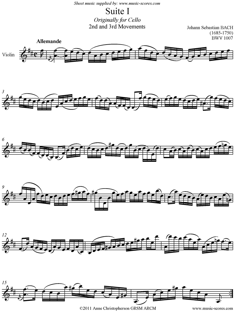 Front page of bwv 1007 Cello Suite No.1: 2nd and 3rd mvts: Allemande, Courante: Violin sheet music