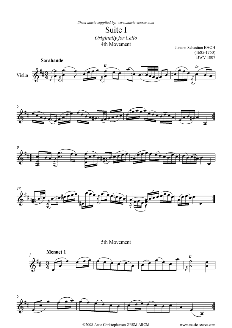 Front page of bwv 1007 Suite No.1: 4th, 5th mts: Violin sheet music
