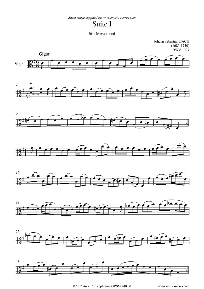 Front page of bwv 1007 Cello Suite No.1: 6th mvt: Gigue: Viola sheet music