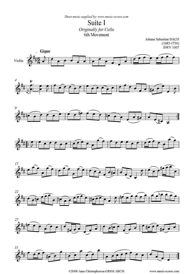Front page of bwv 1007 Cello Suite No.1: 6th mvt: Gigue: Violin sheet music