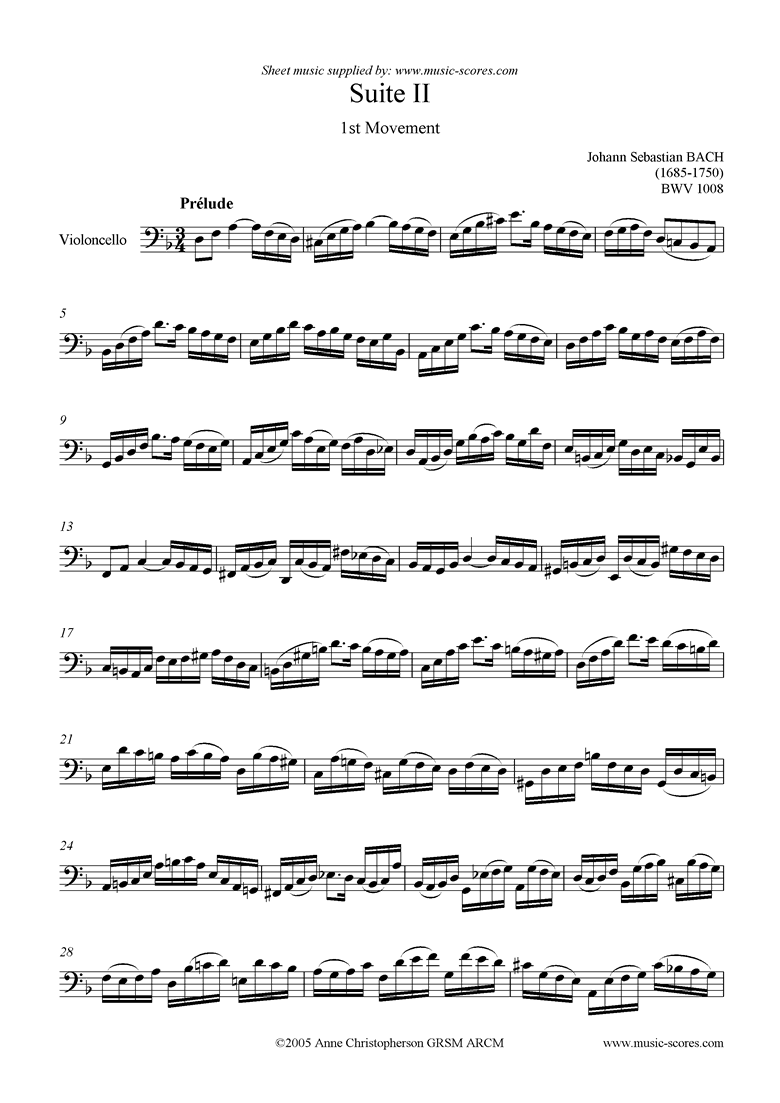 Front page of bwv 1008 Cello Suite No.2: 1st mvt: Prelude sheet music