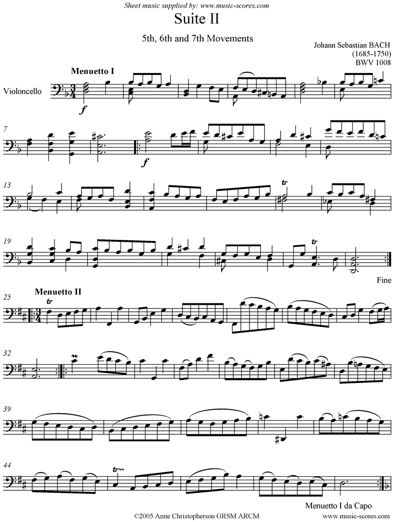 Front page of bwv 1008 Cello Suite No.2: 5th, 6th, 7th mvt: Minuets and Gigue sheet music