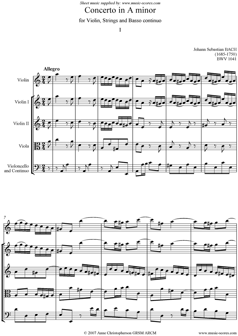 Front page of bwv 1041: 1st Violin Concerto: 1st mvt Allegro sheet music