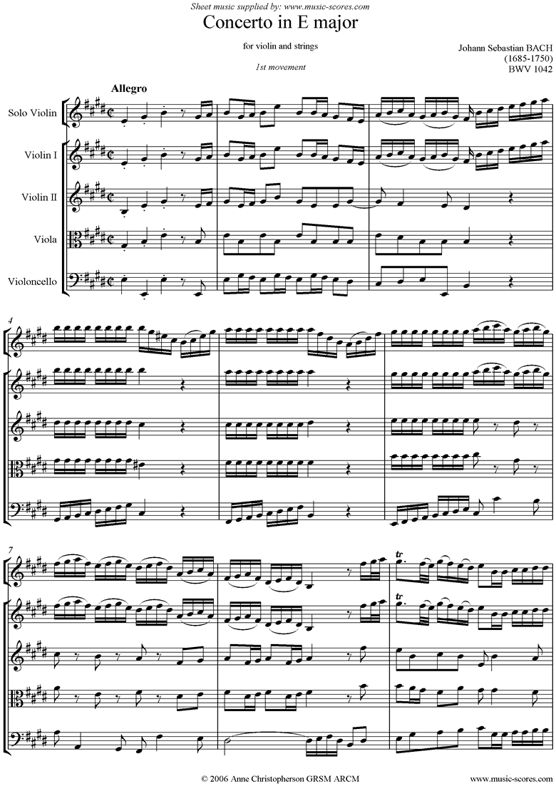 Front page of bwv 1042: Violin Concerto in E: 1st mvt sheet music