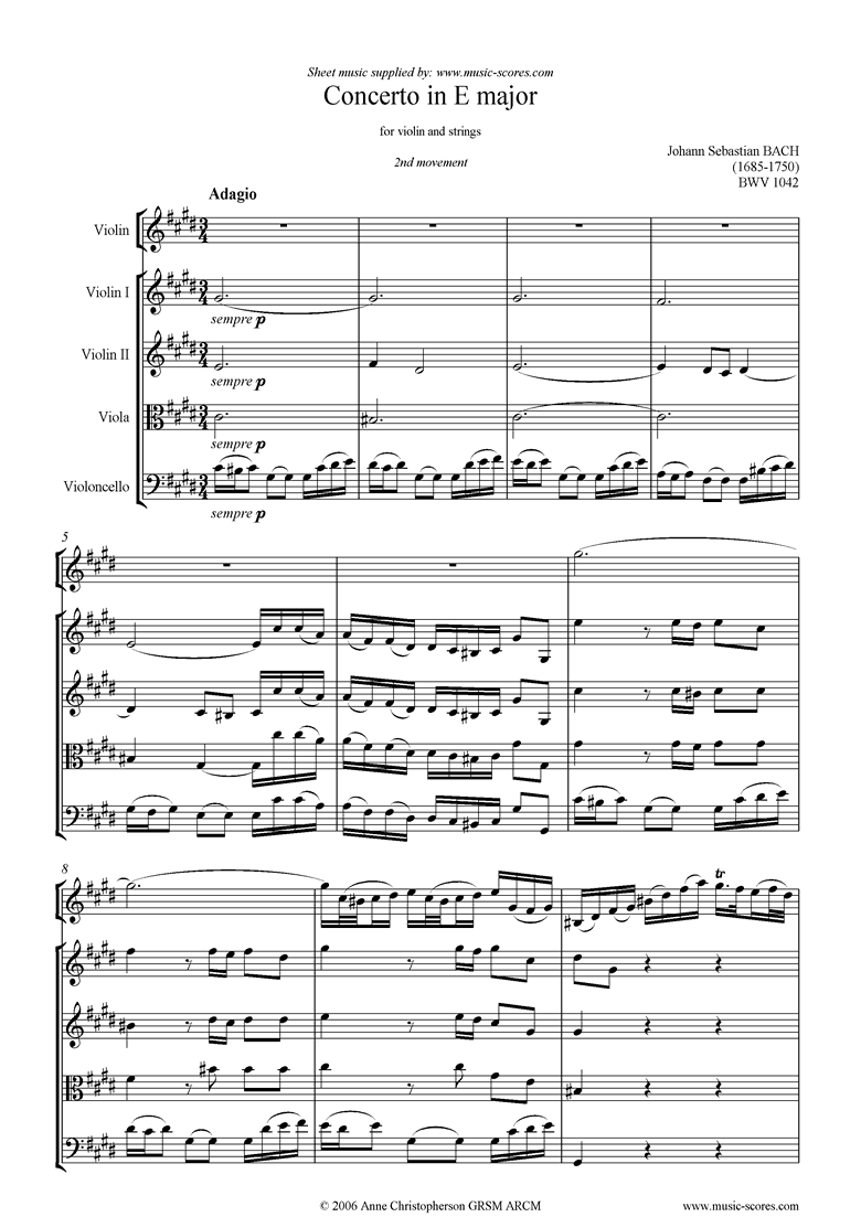 Front page of bwv 1042: Violin Concerto in E: 2nd mvt sheet music