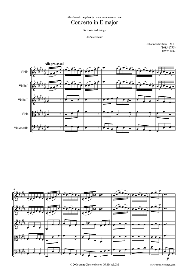 Front page of bwv 1042: Violin Concerto in E: 3rd mvt sheet music