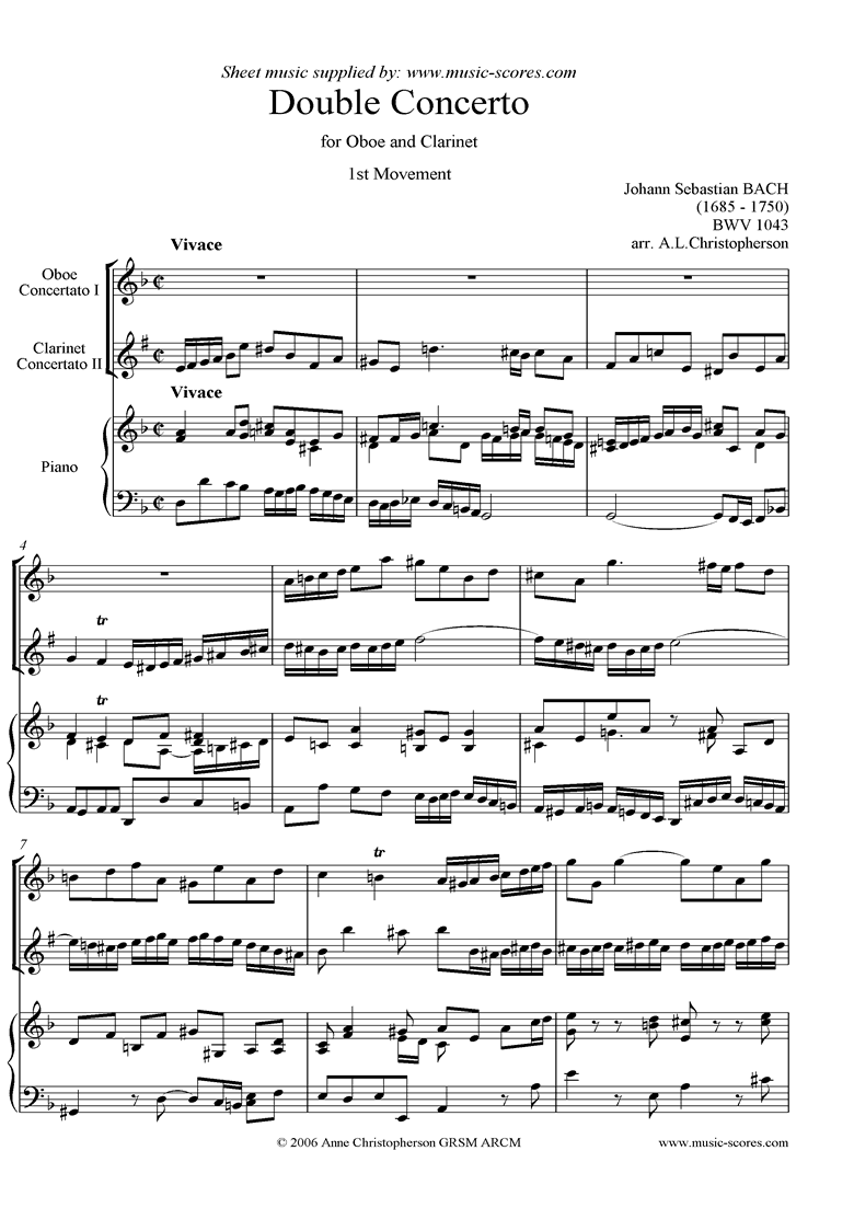 Front page of bwv 1043: Double Concerto, ob cl: 1st mvt sheet music